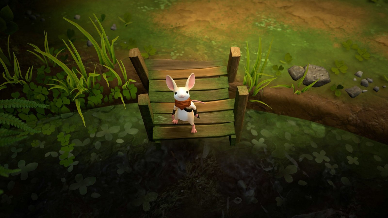Quill smiles at the player in Moss: The Forgotten Relic near a small river dock
