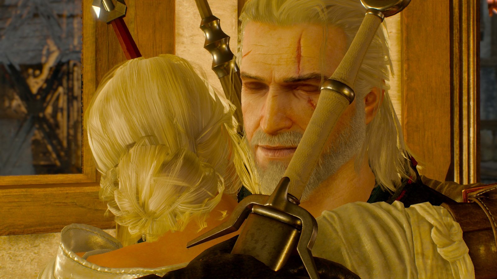 The Witcher 3 screenshot of Geralt and Ciri hugging