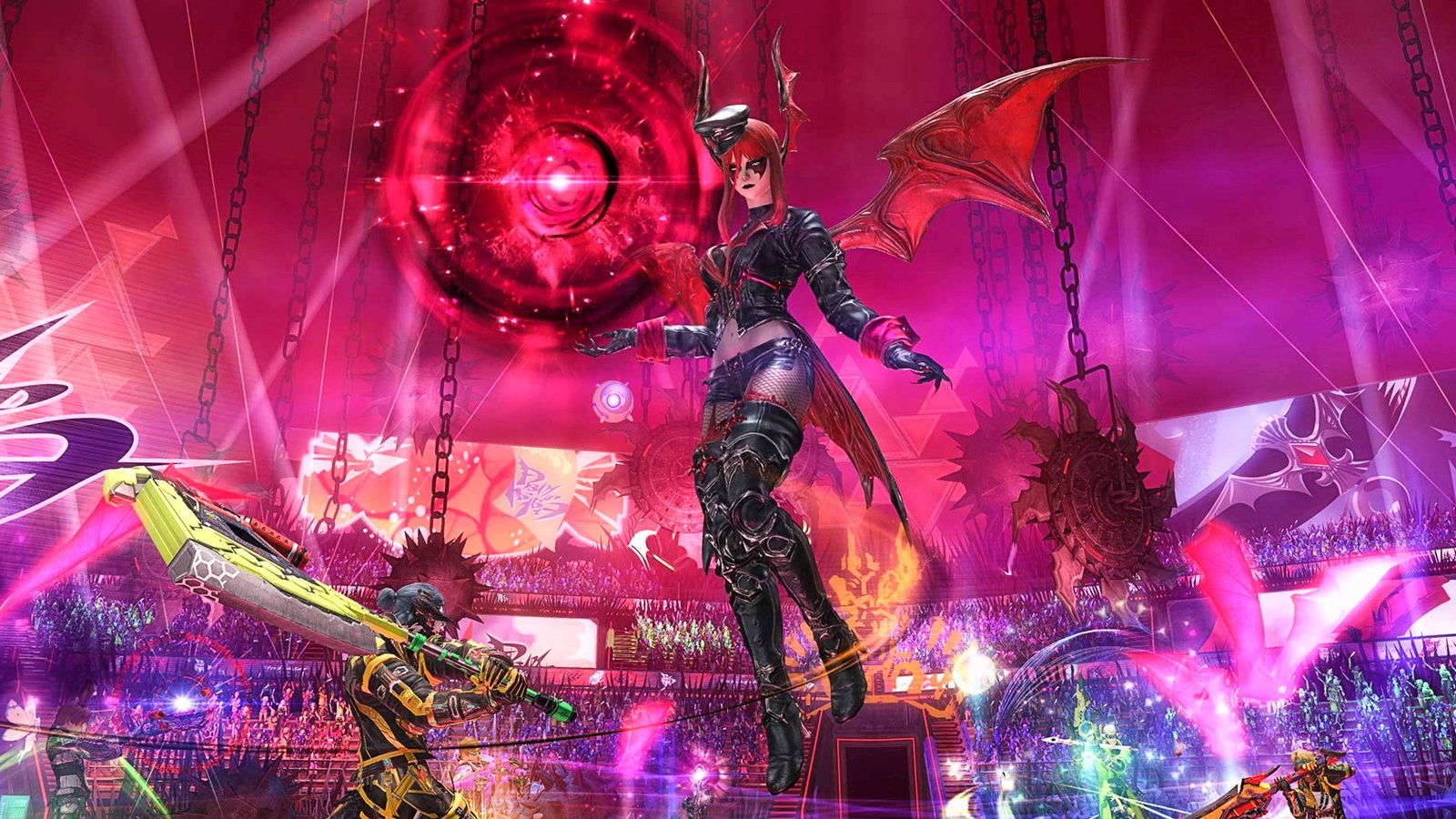 Final Fantasy 14 players take on a red-headed raid boss in a cyberpunk wrestling ring