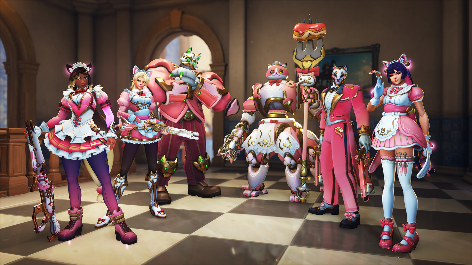 Screenshot of Overwatch Nyan Cafe cosmetic bundle, showing Sierra, Ashe, Reaper, Orisa, and Kiriko dressed up in pink outfits themed around a cat cafe.