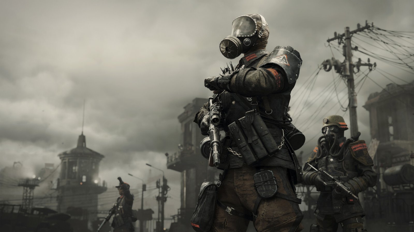 In Metro 2039, figures wearing gasmasks walk through post-apocalyptic Moscow