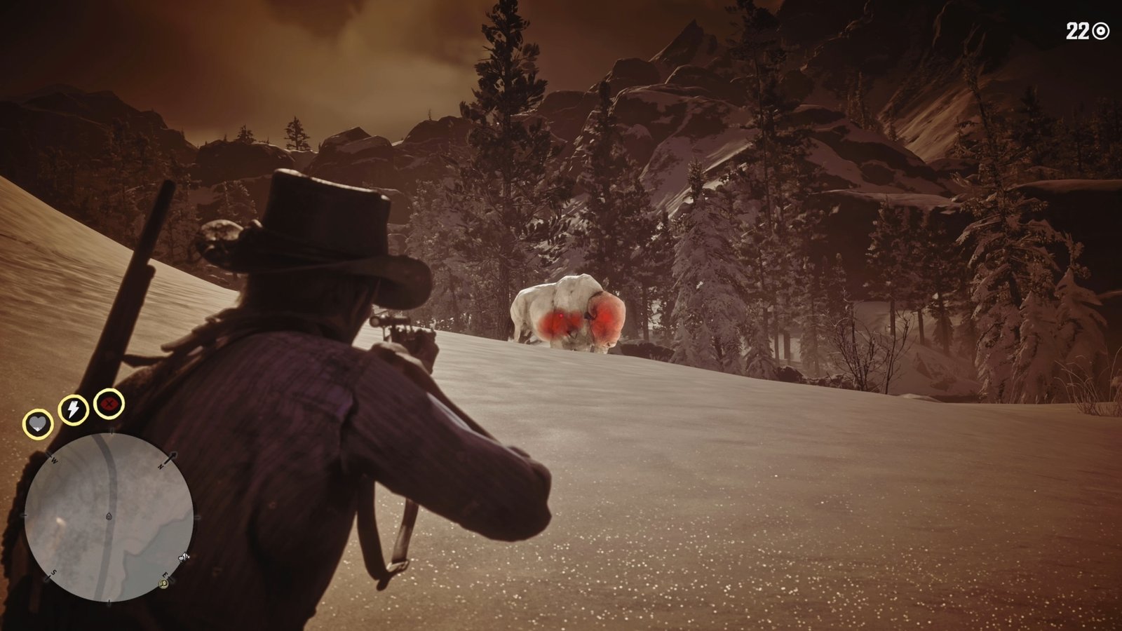 RDR2 screenshot of hunting the white bison for the animal compendium