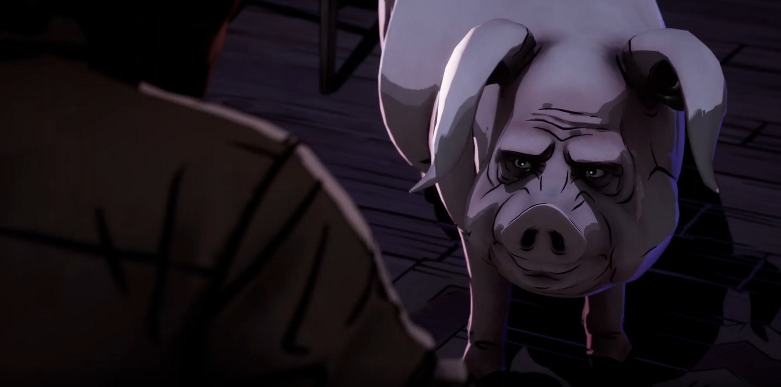 Bigby talks with a normal looking pig in The Wolf Among Us 2
