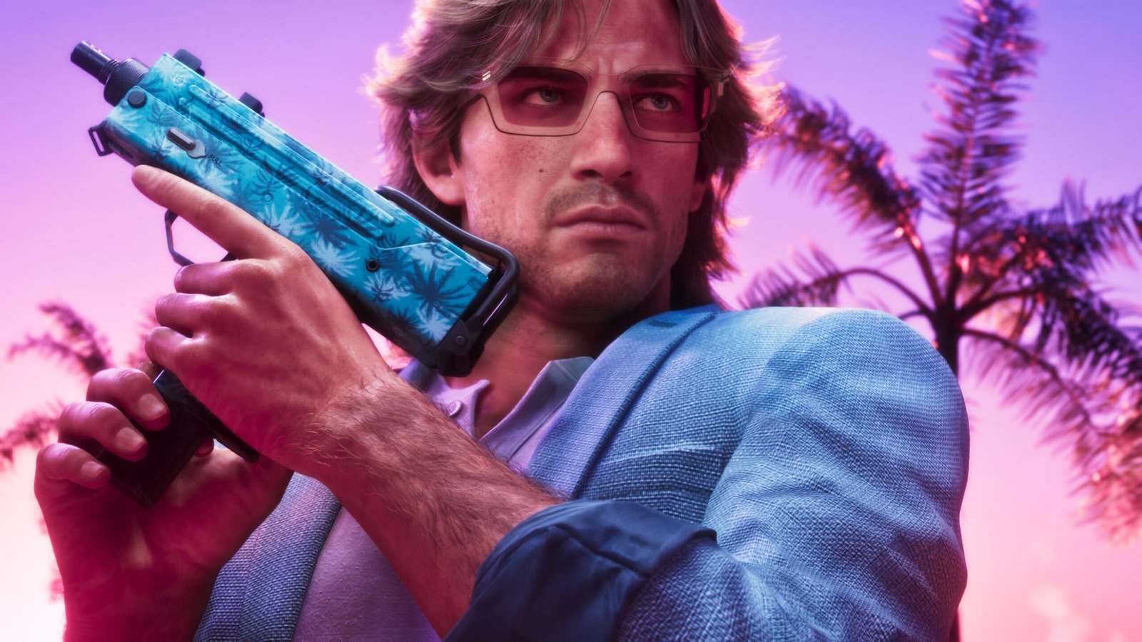 Key art for the GTA 6 Vintage Vice City Pack showing a close up of Jason holding an unidentified SMG with Tommy Vercetti-styled tint applied