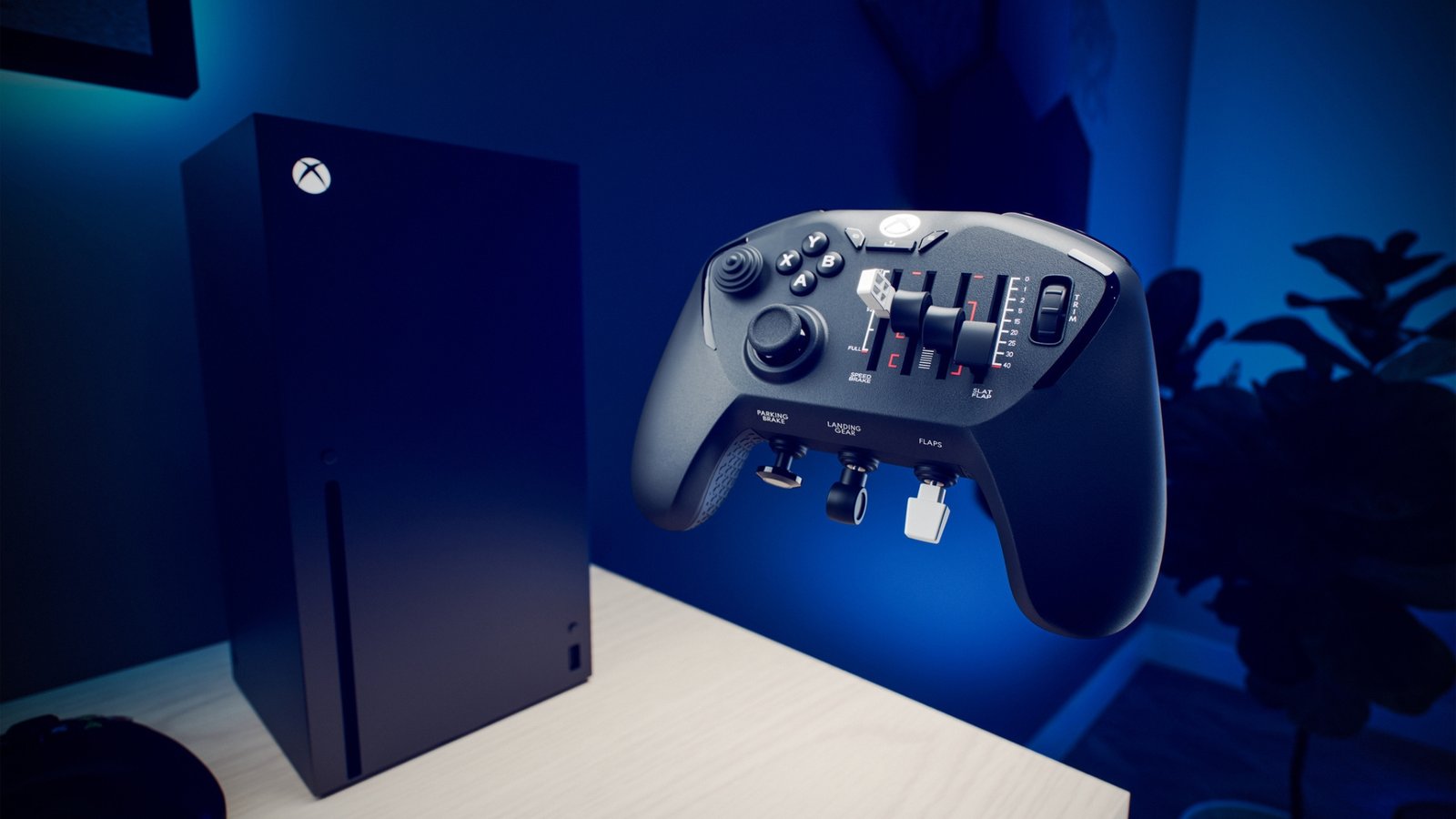 A Honeycomb Echo Aviation XPC controller in front of an Xbox Series X