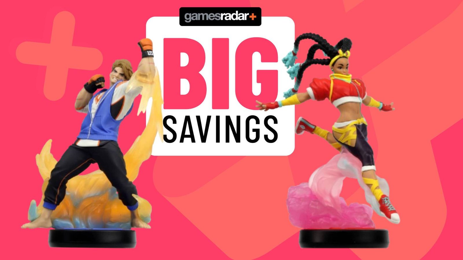 Image of two Street Fighter 6 amiibo on a pink GamesRadar+ background.