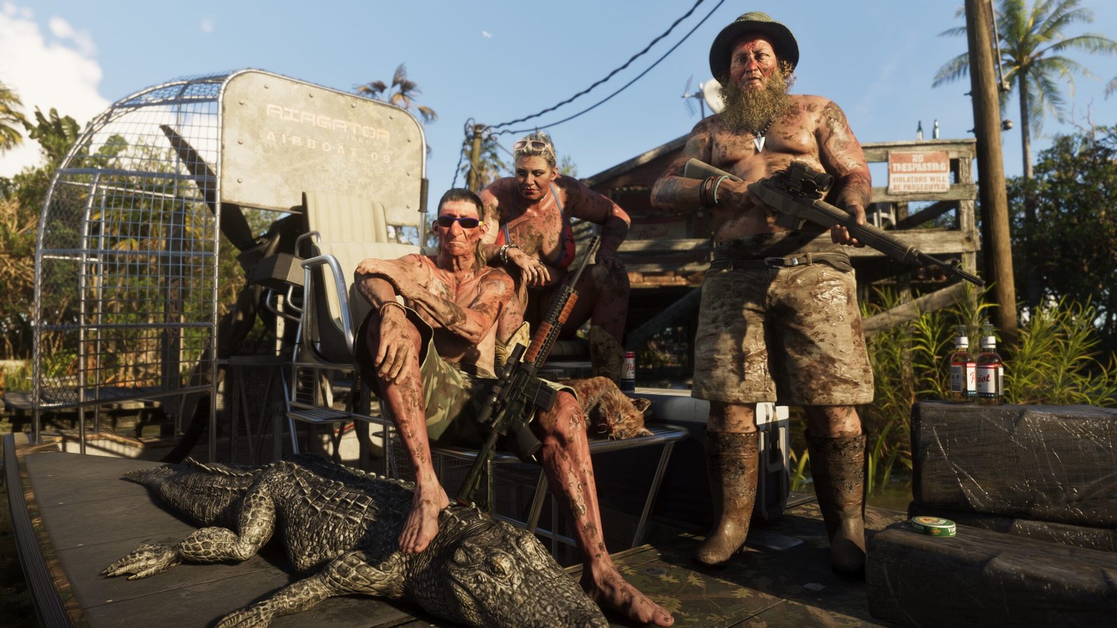 A poacher on an air boat sits with a Duke Arms Company assault sniper rifle resting in his lap