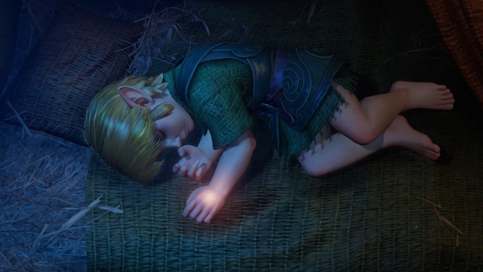 The Legend of Zelda: Ocarina of Time remake shot showing an updated Link lying on a straw bed in his house in Kokiri Forest