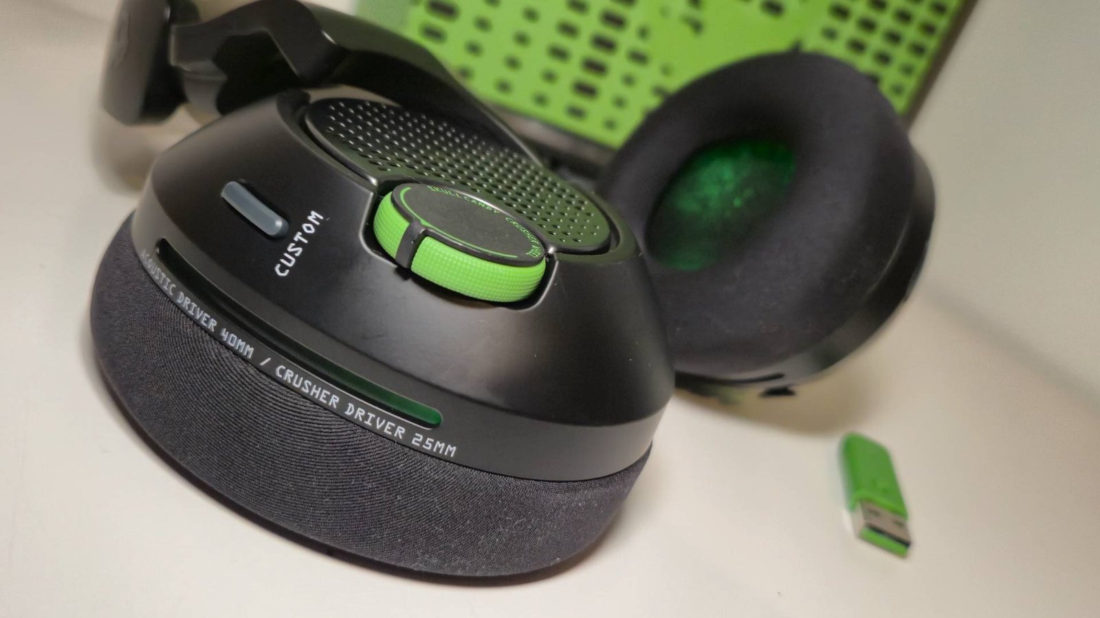 Photo of a close up of the Crusher wheel of the Crusher PLYR 720 Wireless gaming headset.