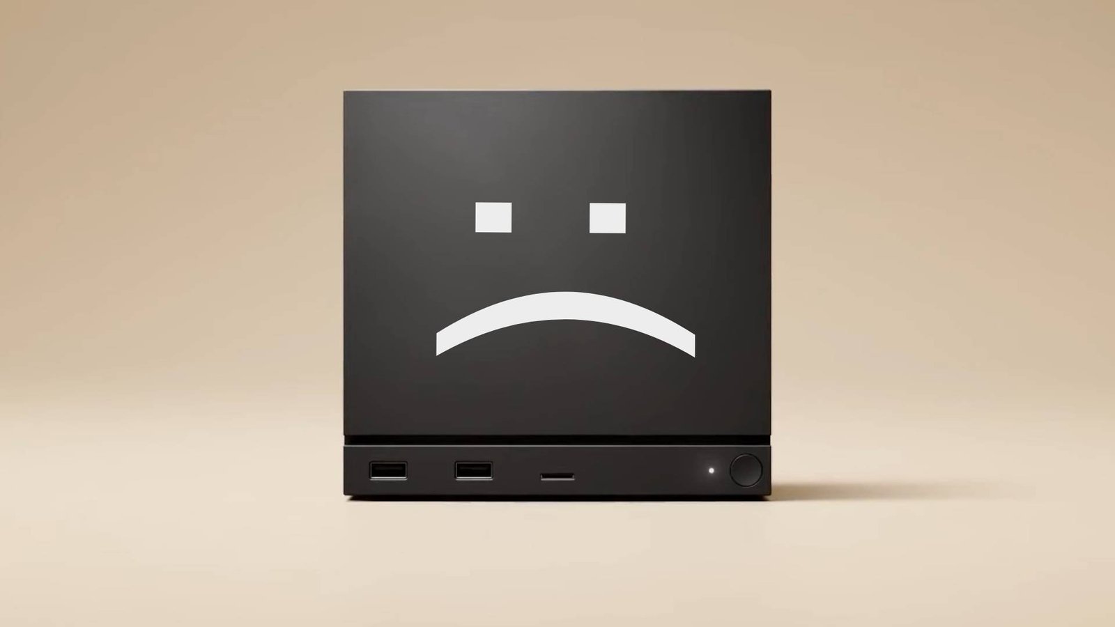 Steam Machine with beige backdrop and sad face on front made from closed backdrop and colon.
