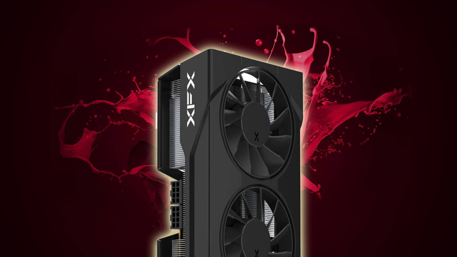 XFX Swift AMD Radeon RX 9070 GRE with Radeon red liquid backdrop and glowing outline.