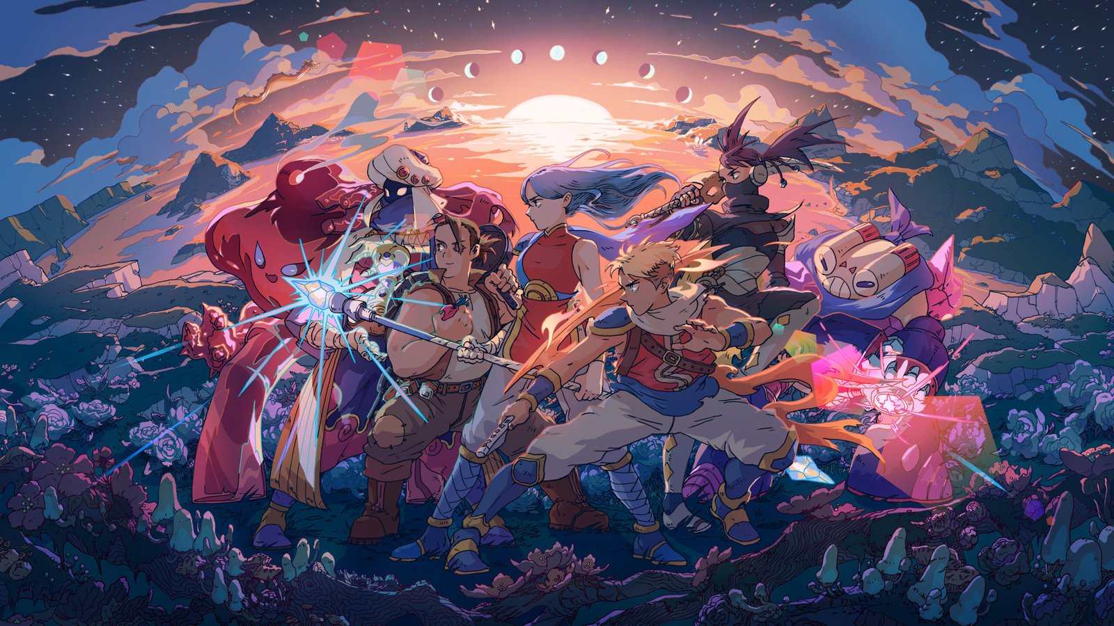 Key art for Sea of Stars' final update, the game's cast stands side by side in front of a gorgeous vista