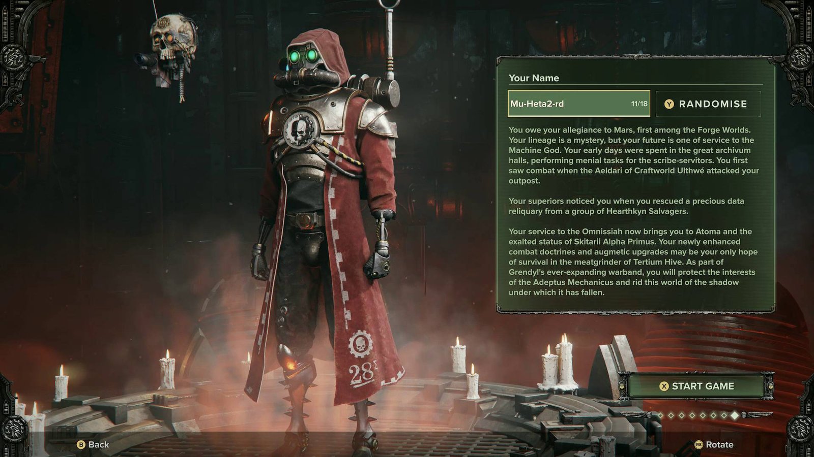Darktide Skitarius with randomised name at the end of character creation