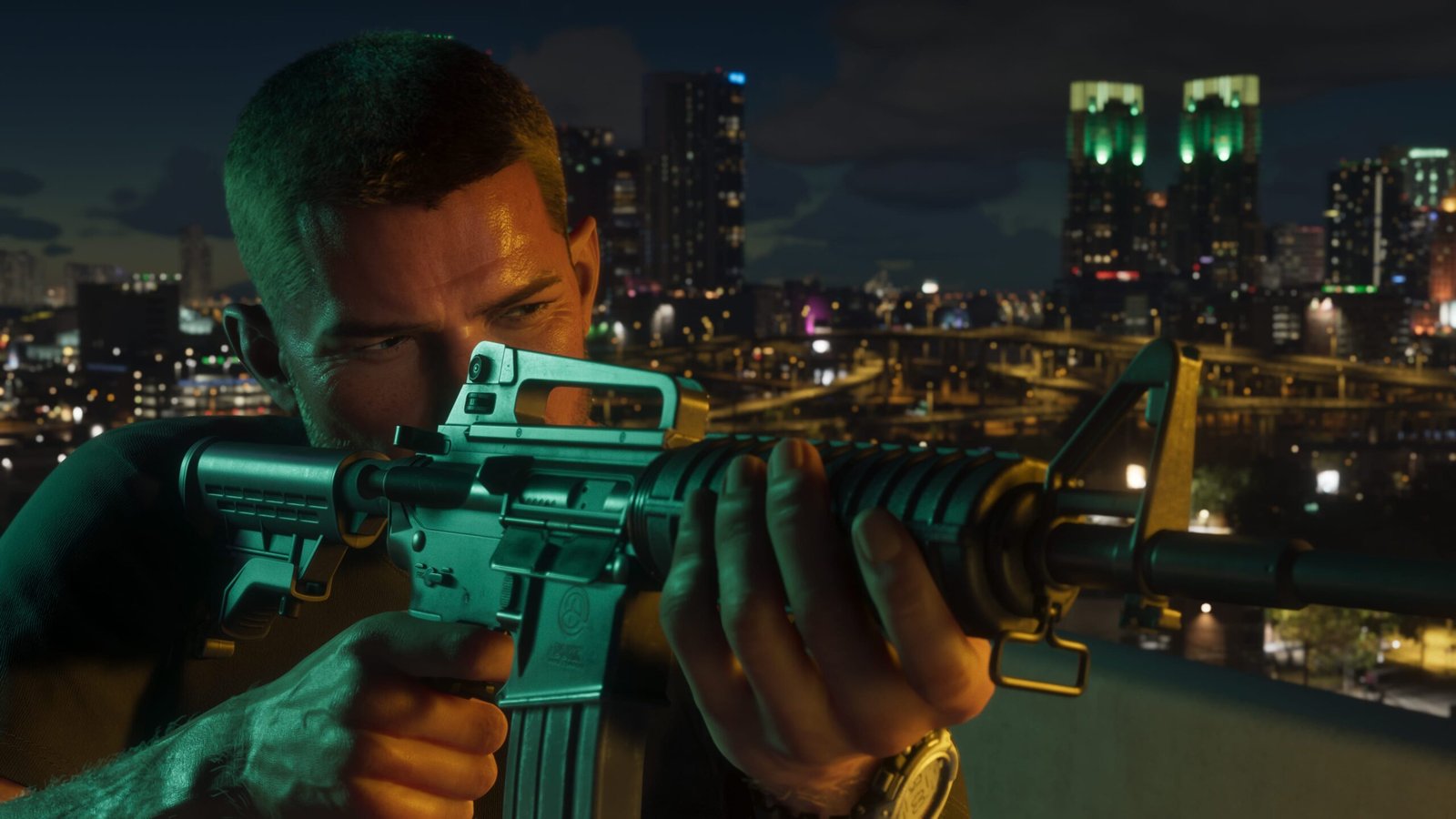 A close-up of Jason aiming a Duke Arms Company carbine