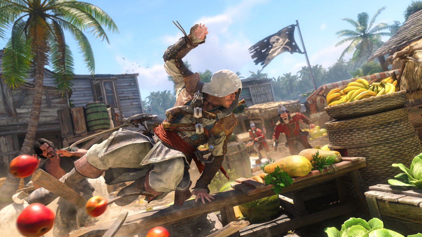 Edward Kenway jumps over a market stall in Assassin's Creed Black Flag Resynced