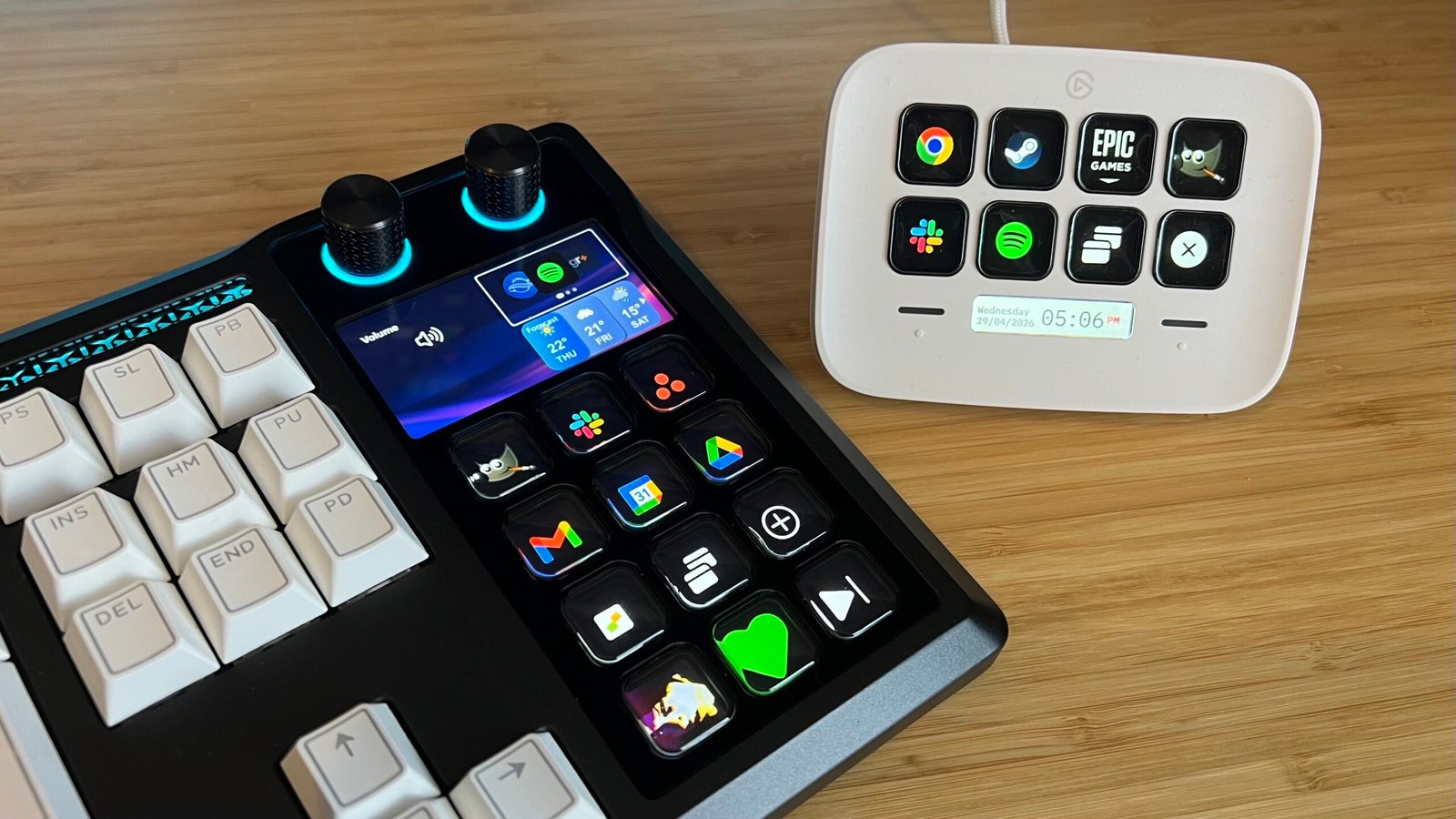 Corsair Galleon 100 SD and Stream Deck Neo on a wooden desk