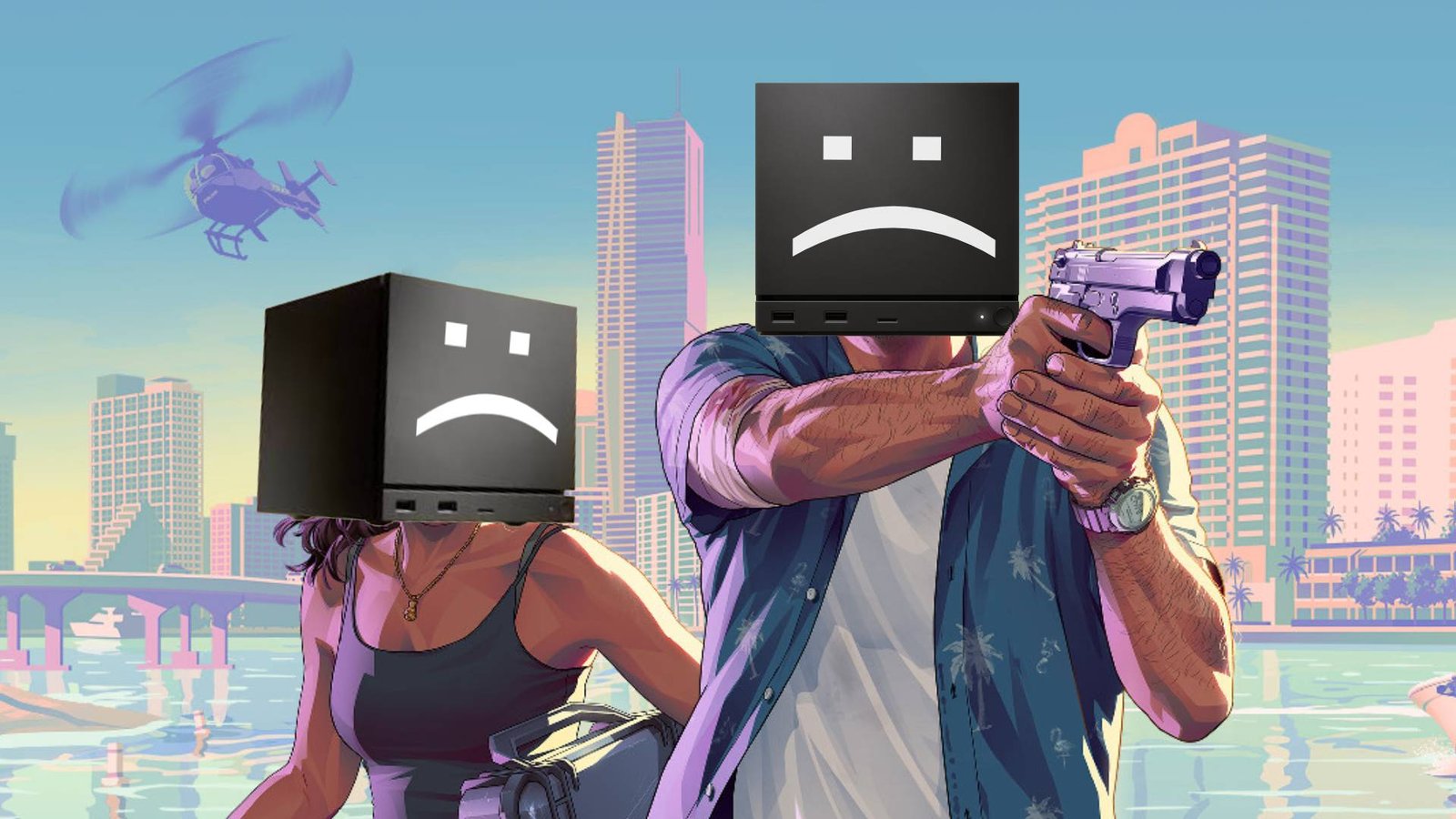 Jason Duval and Lucia Caminos in GTA 6 artwork with Steam Machines for heads and sad text faces on front.