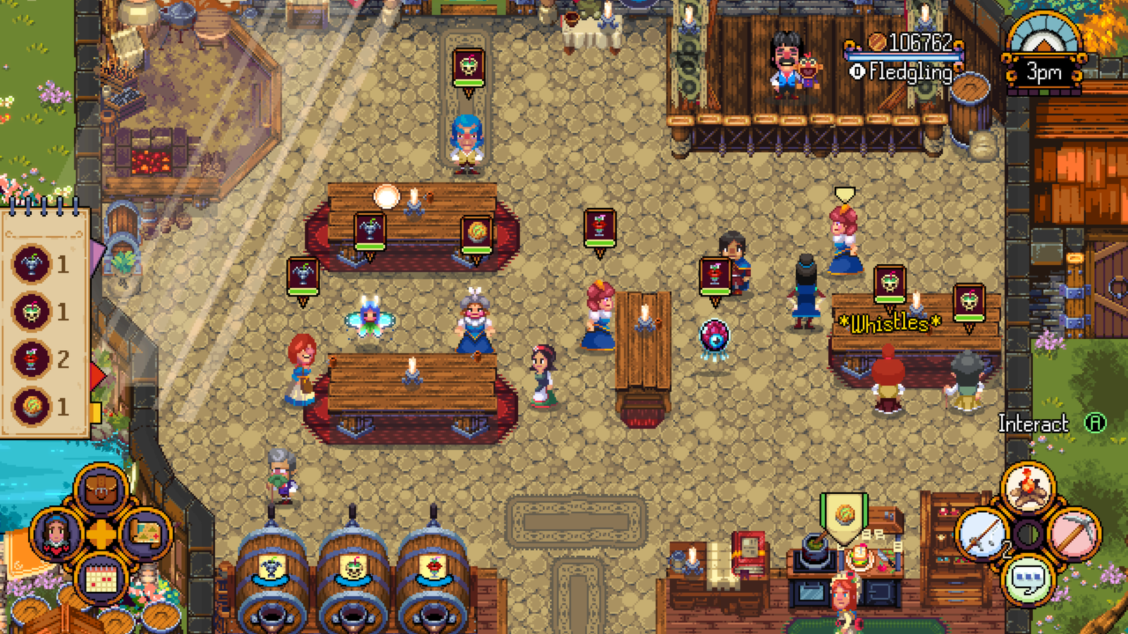 A lively pixel art tavern is seen from above