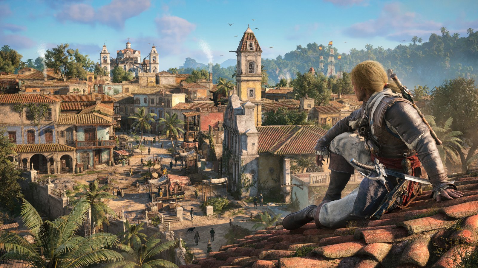 In Assassin's Creed Black Flag Resynced, protagonist Edward Kenway sits on a rooftop looking out over Havana