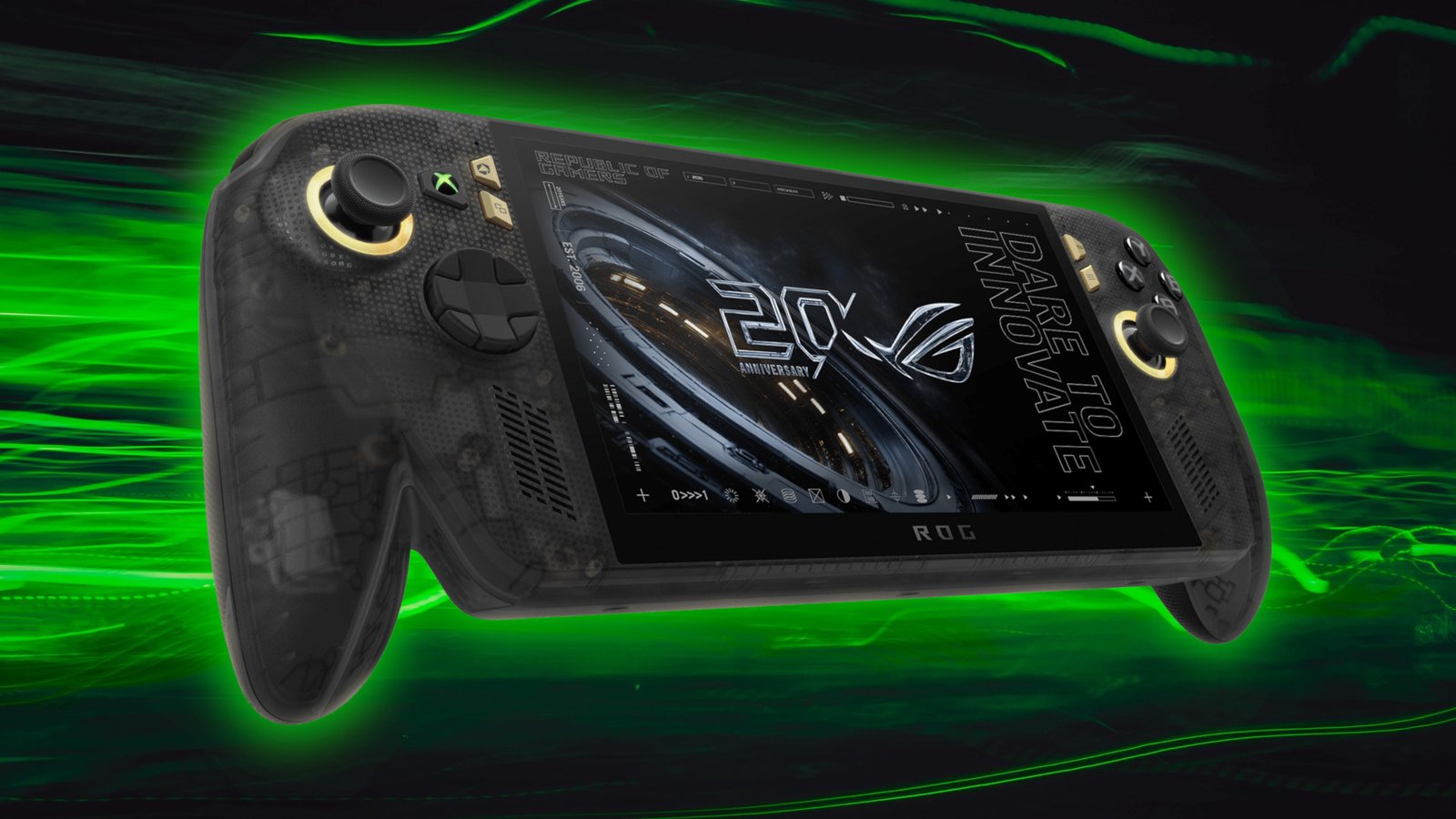 Xbox ROG Ally X20 handheld on a green background