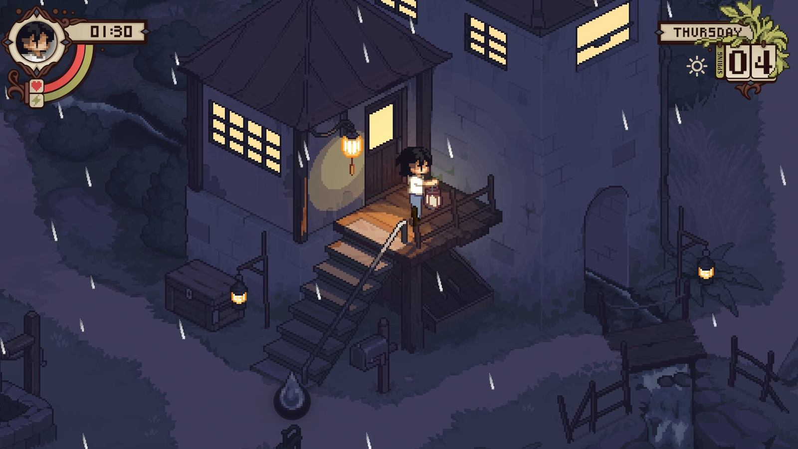 Dara lights a lamp on a rainy night