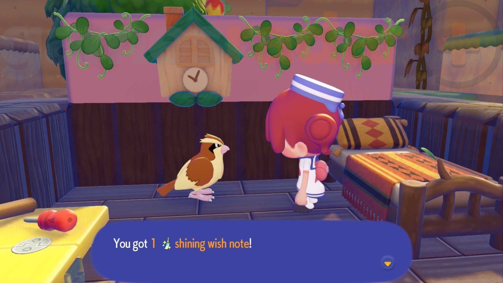 Ditto receives a Shining Wish Note from Pidgey during the Pokopia Jirachi event.
