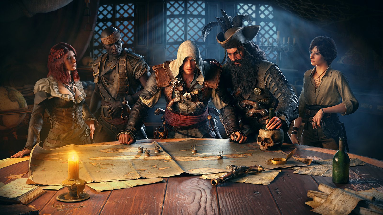 Edward Kenway looks at maps with his pirate allies in Assassin's Creed Black Flag Resynced