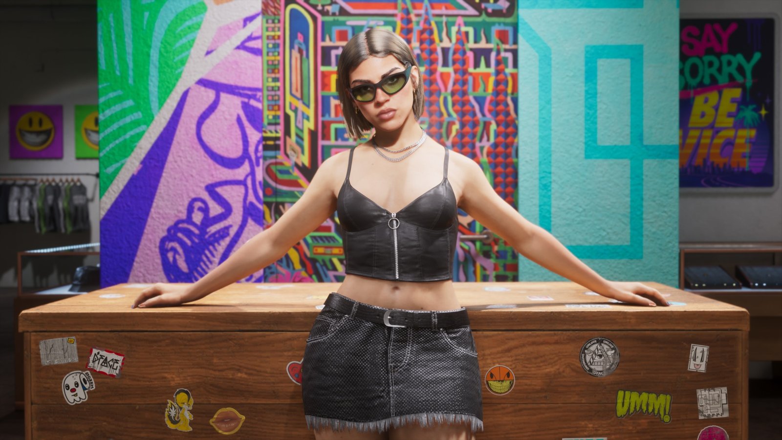 GTA 6 character poses wearing sunglasses and jean skirt