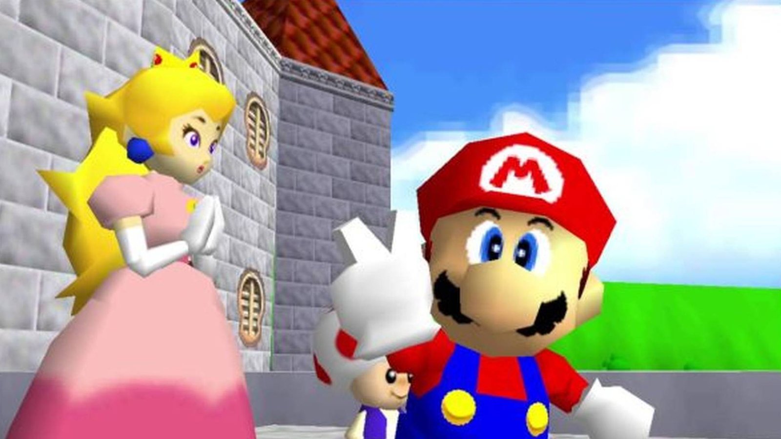 Peach, Toad, and Mario in Super Mario 64.