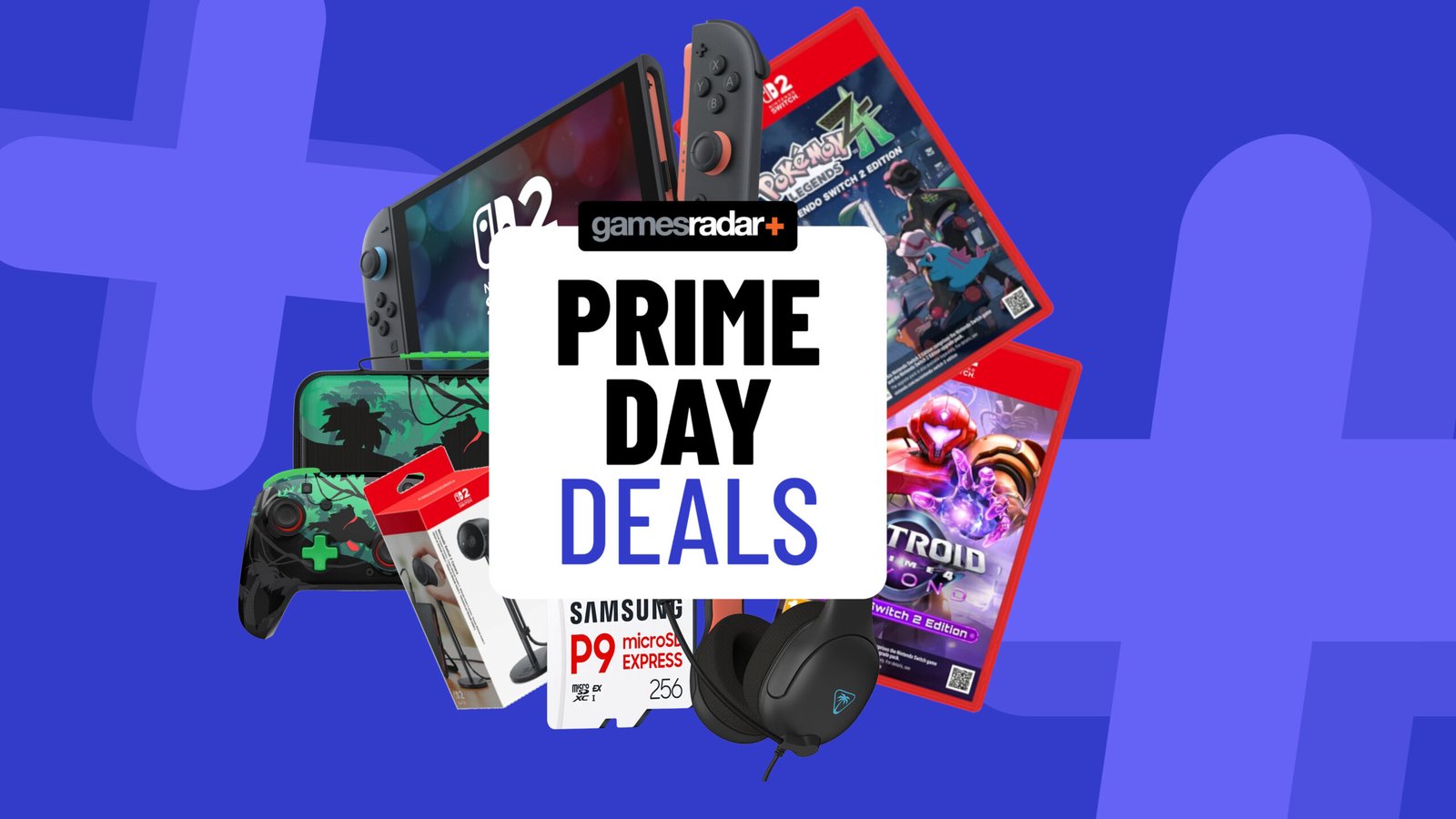Amazon Prime Day deals badge surrounded by Nintendo Switch 2 accessories and games