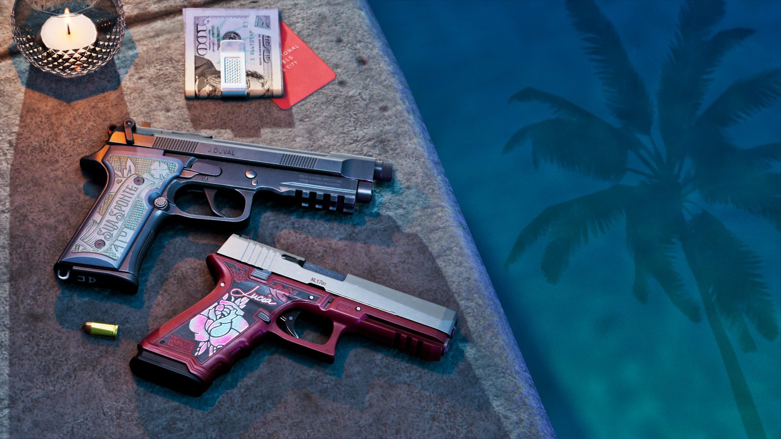 Personalized sidearms in GTA 6 with detailed engravings for Jason's Girardi ES9 pistol and Lucia's Klose K17 pistol