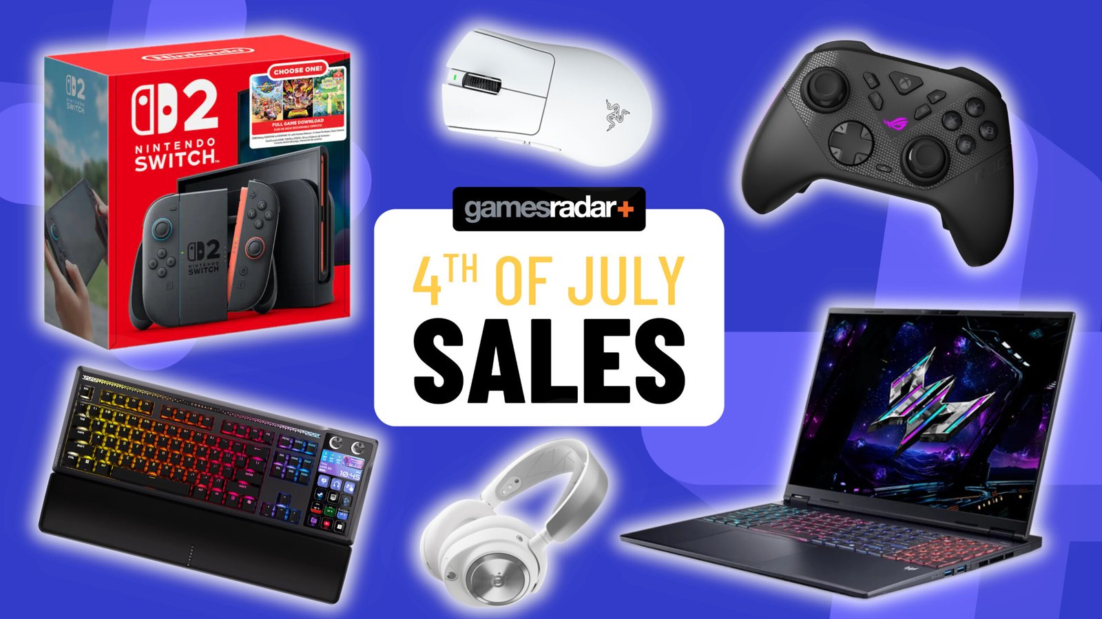 Nintendo Switch, PS5, and PC gaming accessories on a blue background with yellow 4th of July sales badge