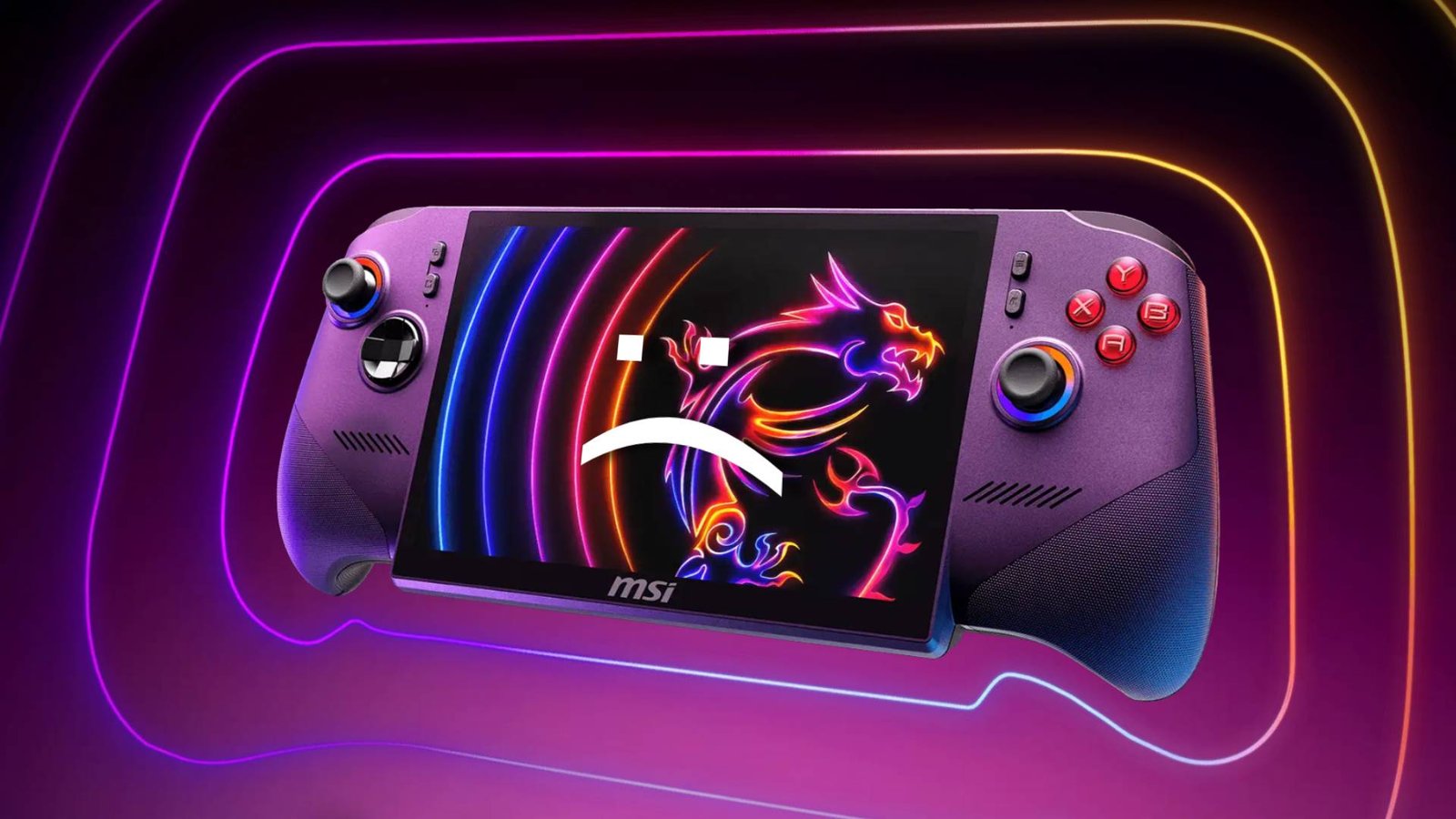 MSI Claw 8 EX AI+ handheld with purple backdrop and sad text face on screen.