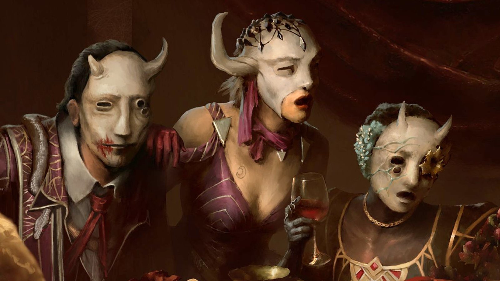 Three masked attendees of the Black Banquet in DBD