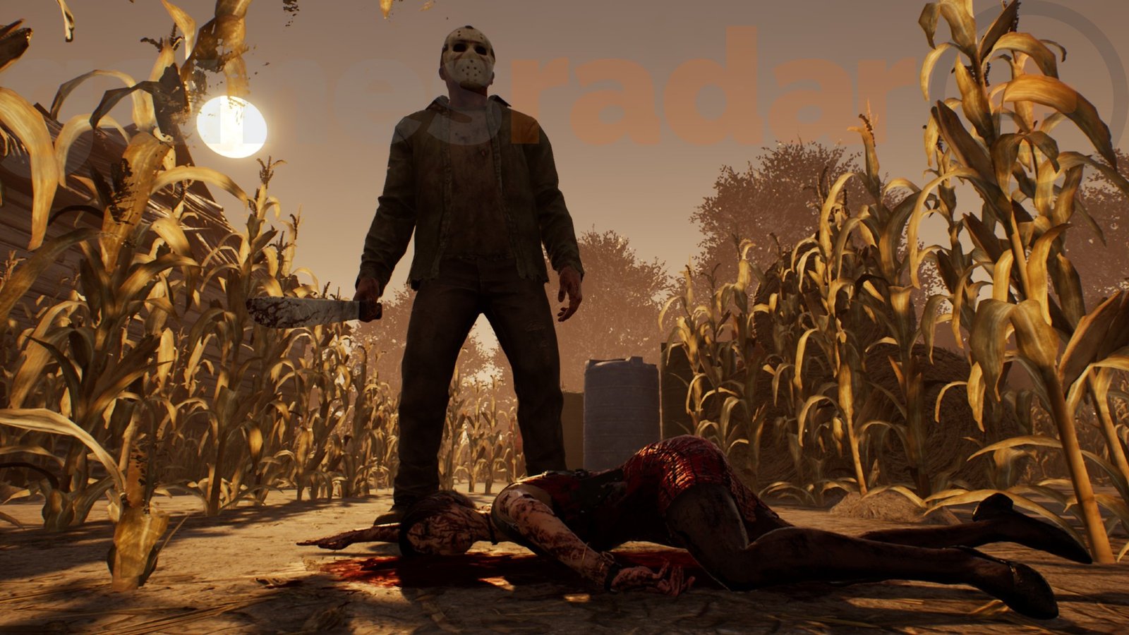 The Slasher, one of the best DBD killers, stands above a victim.