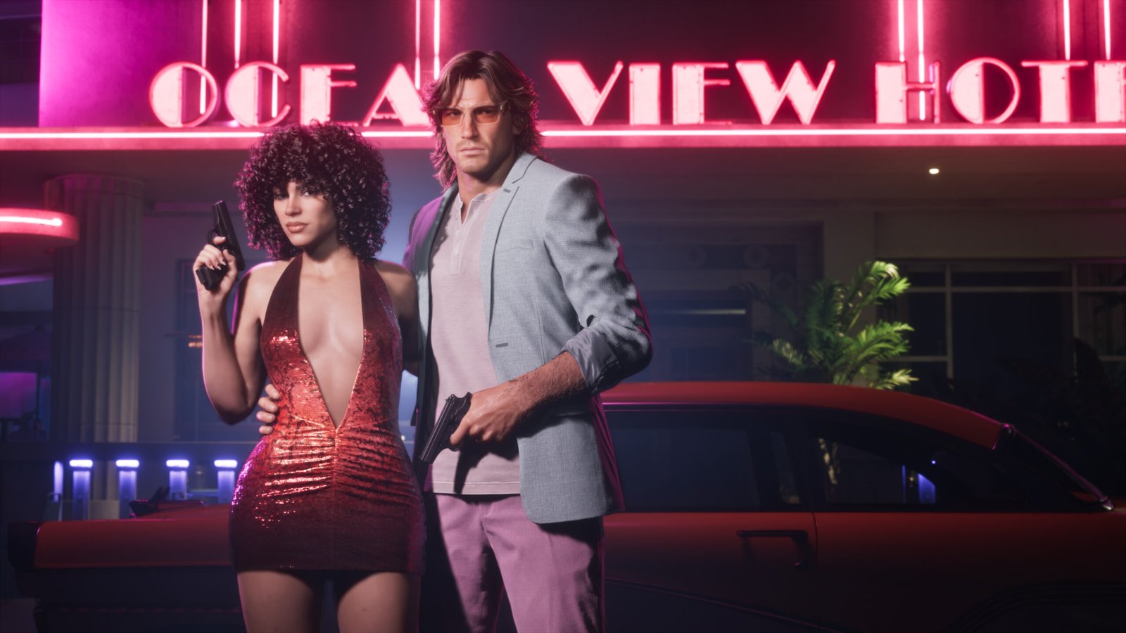 Key art for the GTA 6 Vintage Vice City Pack, showing Lucia and Jason holding Bersa Thunder 380-inspired pistols
