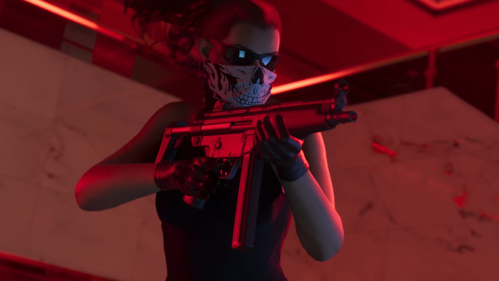 Lucia wields a Heckler &amp; Koch MP5/40-inspired SMG during an armed robbery in the second GTA 6 trailer