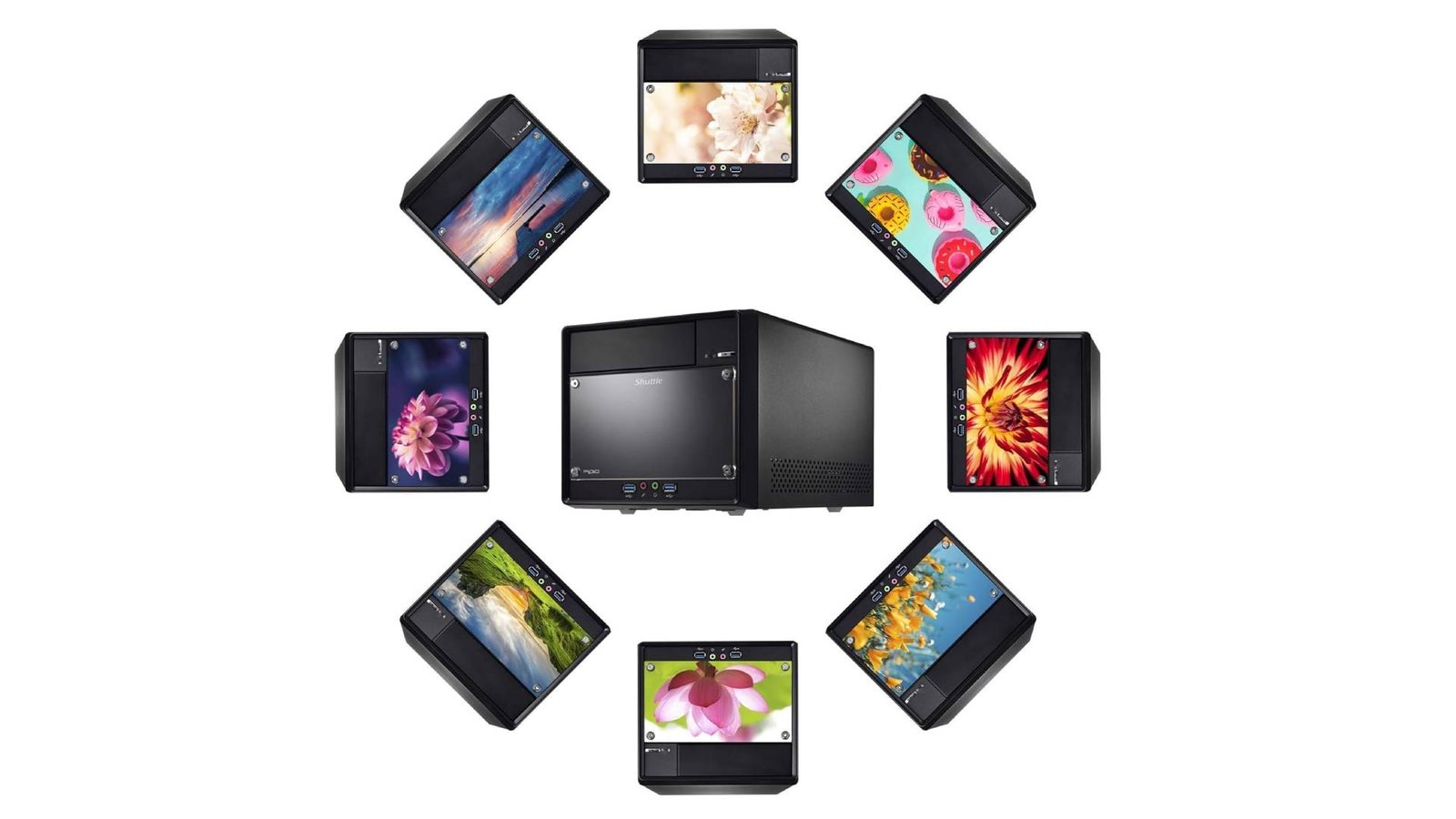 Shuttle XPC circled by versions with custom artwork inserted in front.