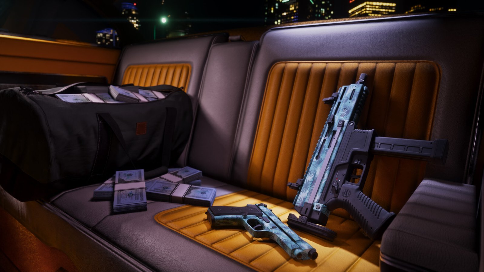 Interior vehicle shot in GTA 6 showing a Beretta 92FS-inspired pistol and unidentified SMG which both have Tommy Vercetti-styled tints applied