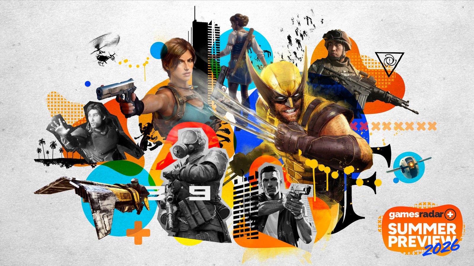 An assortment of characters form the GamesRadar+ Summer Preview 2026 montage, including Wolverine, Lara Croft, characters from GTA, and more