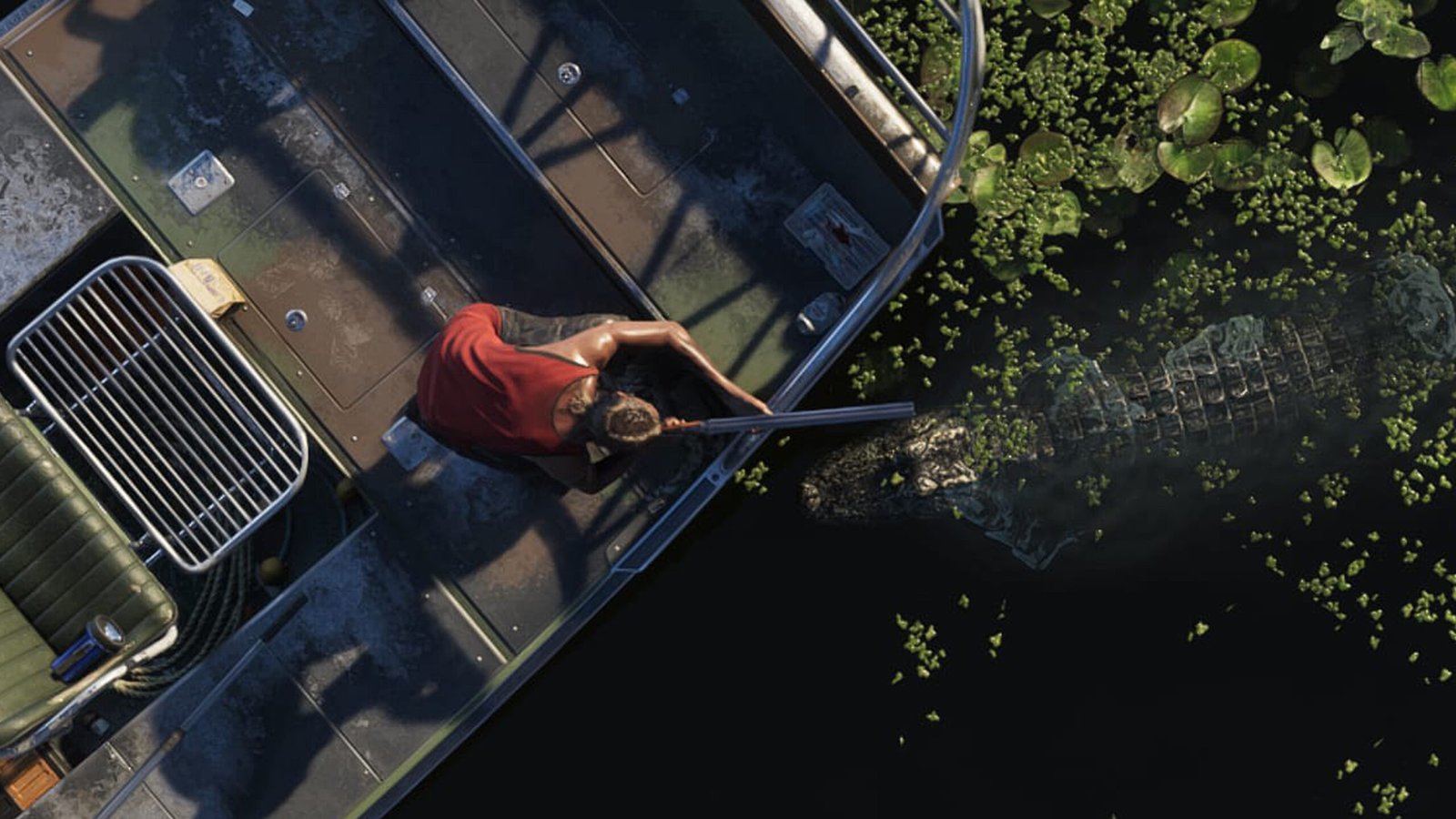 A close-up of a poacher on an air boat in Grassrivers aiming a double-barreled shotgun over the side