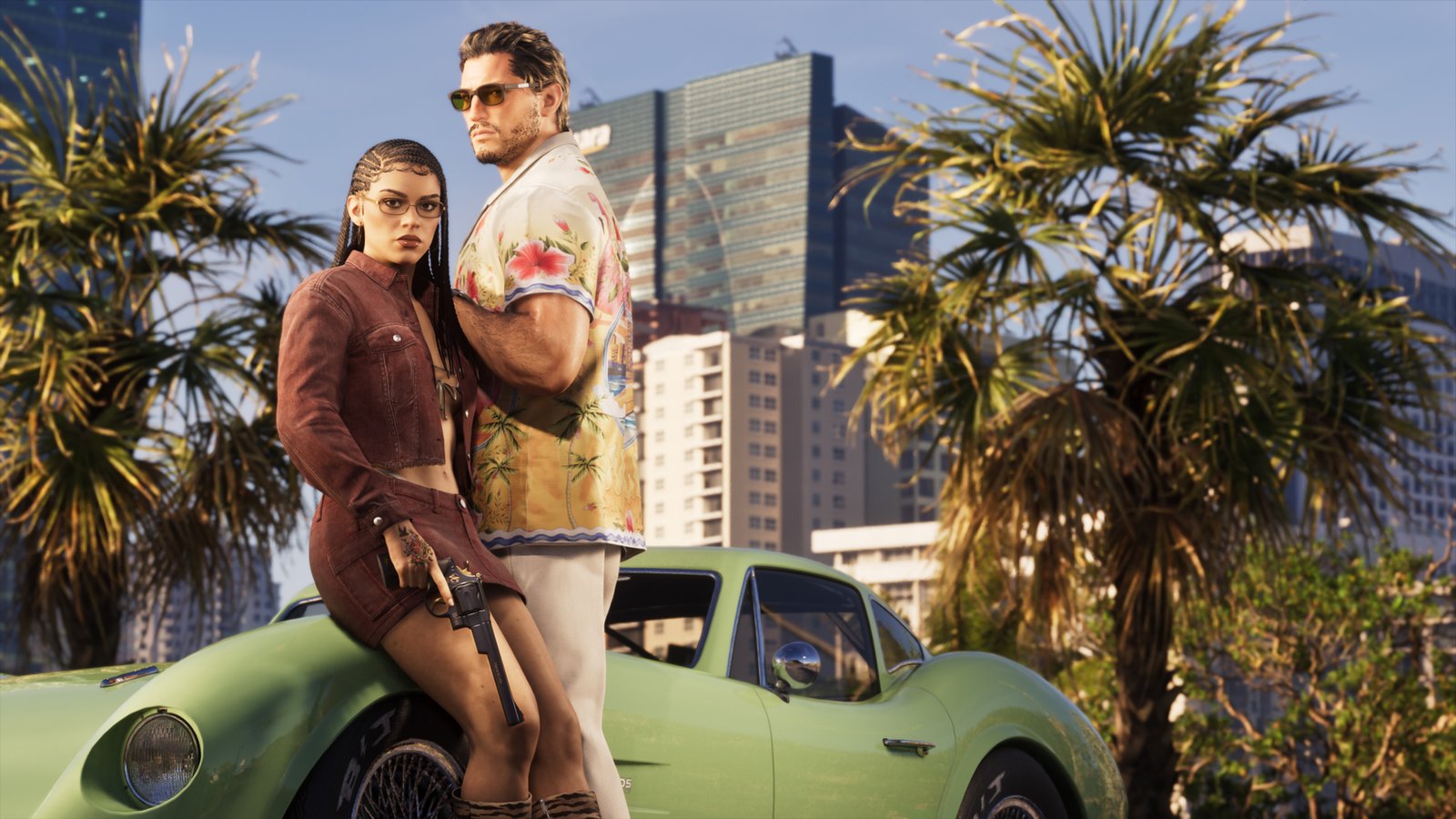 GTA 6 Ultimate Edition screenshot showing Jason and Lucia posing next to a green car