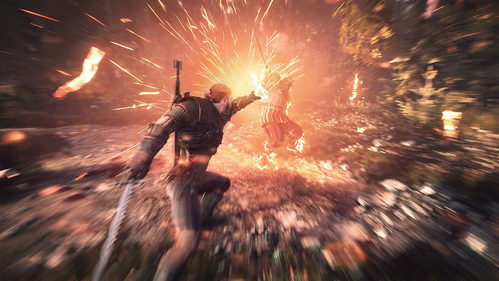The Witcher 3 promo art showing Geralt casting a sign at an enemy
