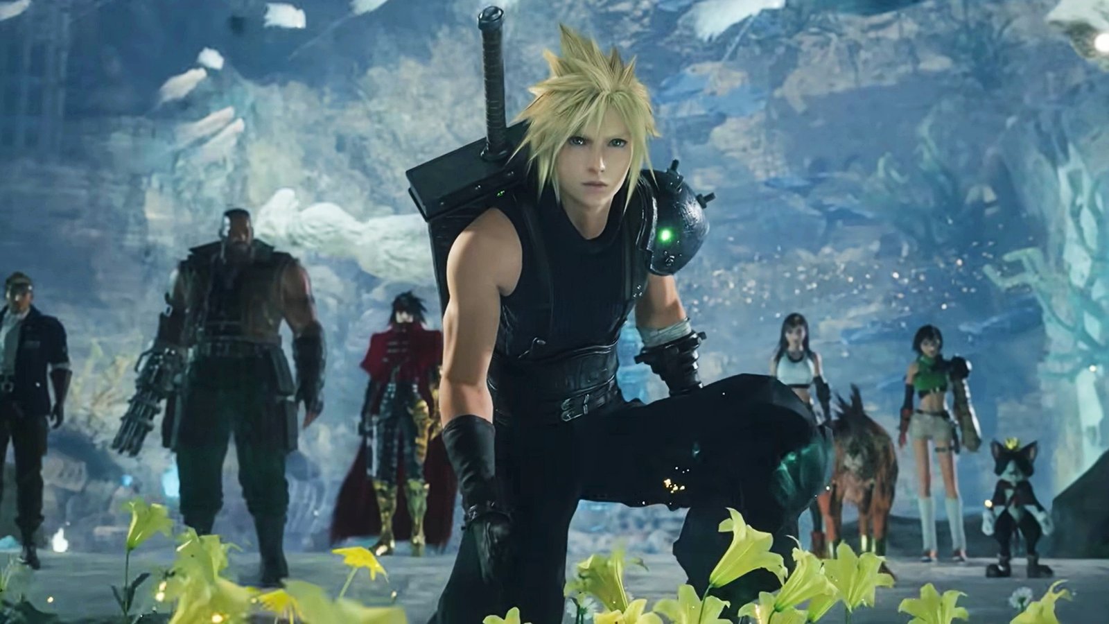 Cloud and the rest of the Final Fantasy 7 Revelation crowd approach a flowerbed