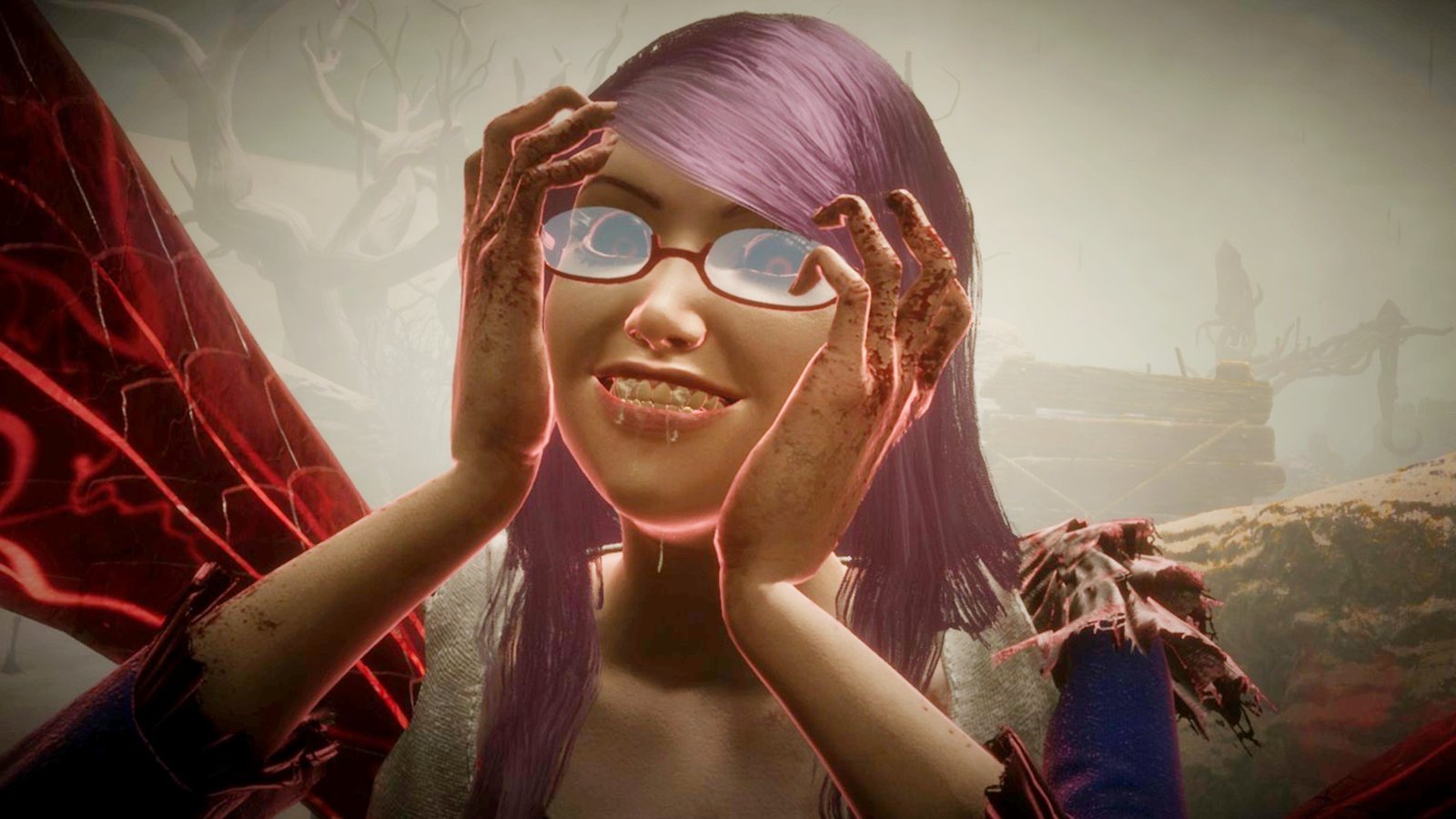 Rize, one of the DBD killers, puts her hands to her face and smiles with glee after killing a survivor with a mori.