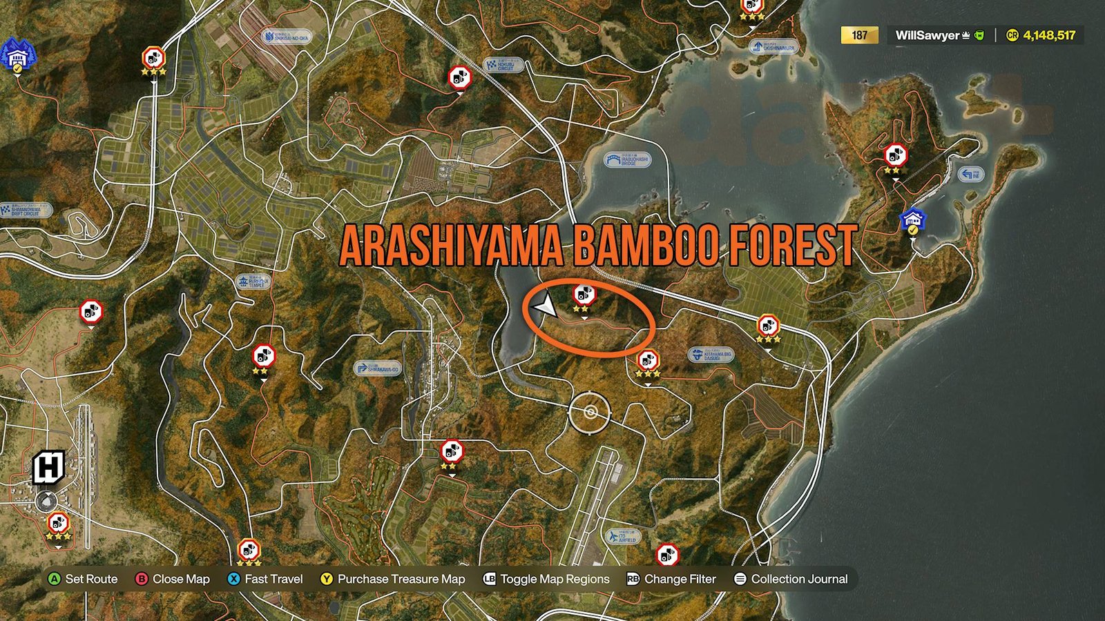 Forza Horizon 6 Arashiyama Bamboo Forest marked on map for Bamboo Bash Festival Playlist challenge