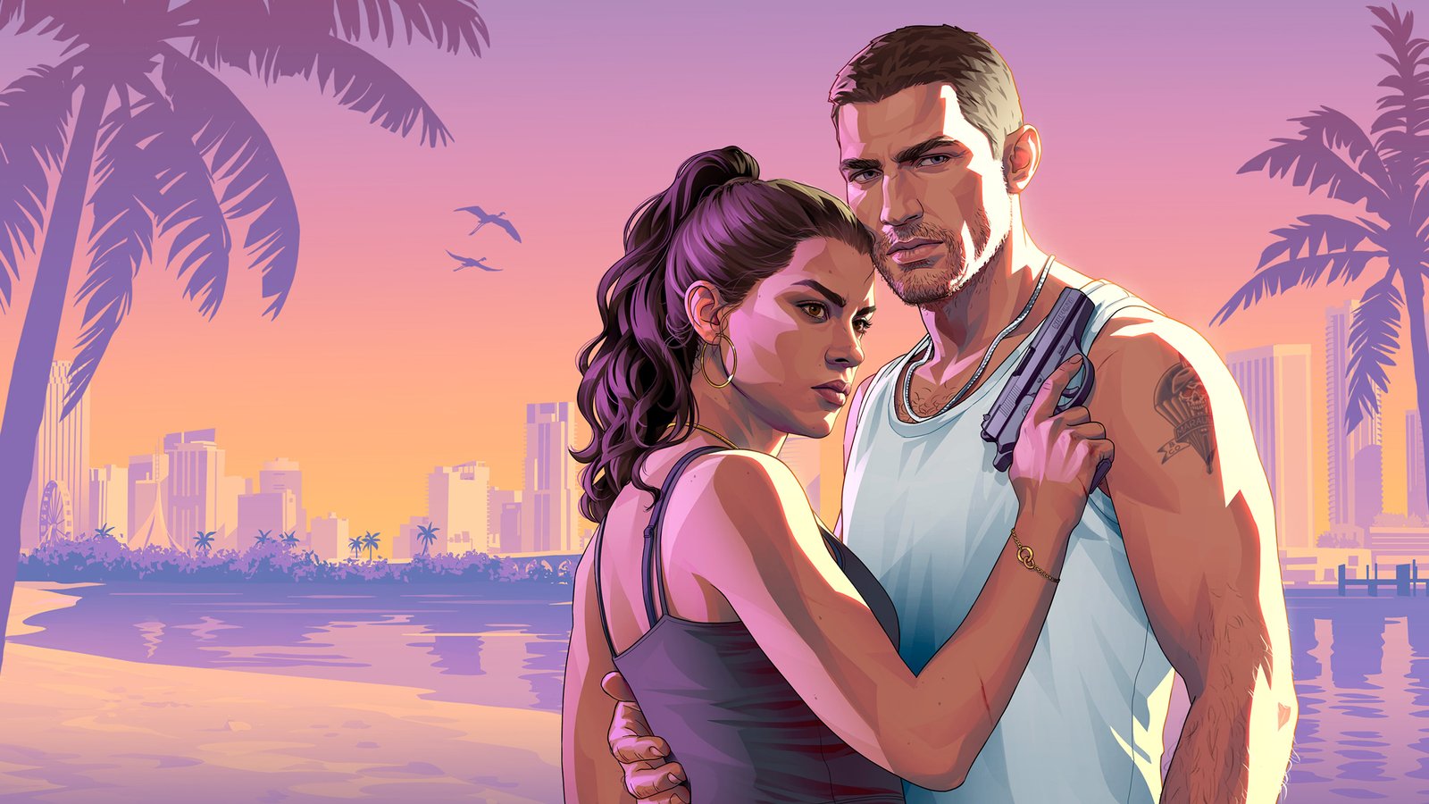 GTA 6 key art showing Jason and Lucia against a sunwashed Vice City backdrop