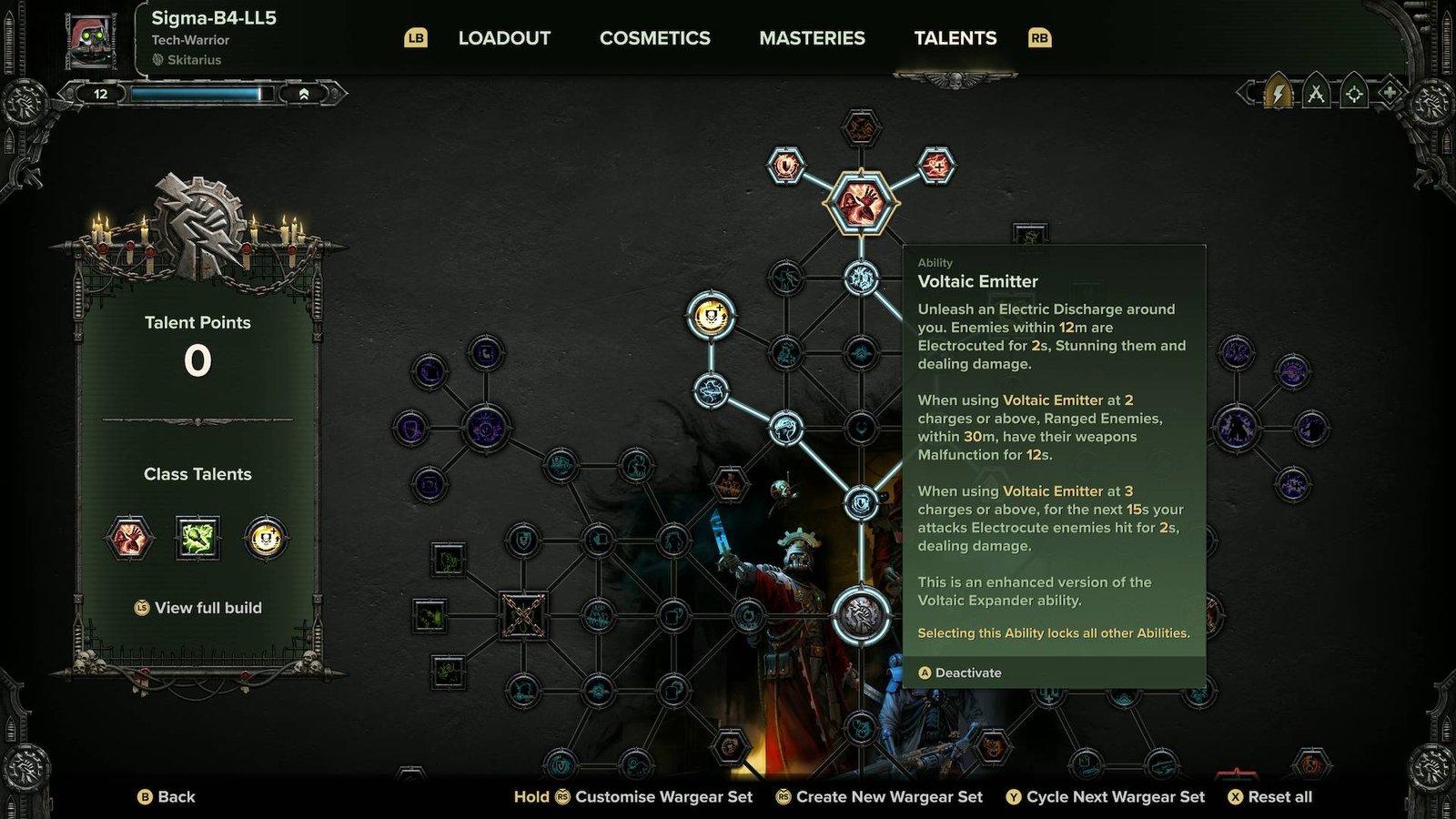 Darktide Skitarii build talent tree showing Voltaic Emitter ability