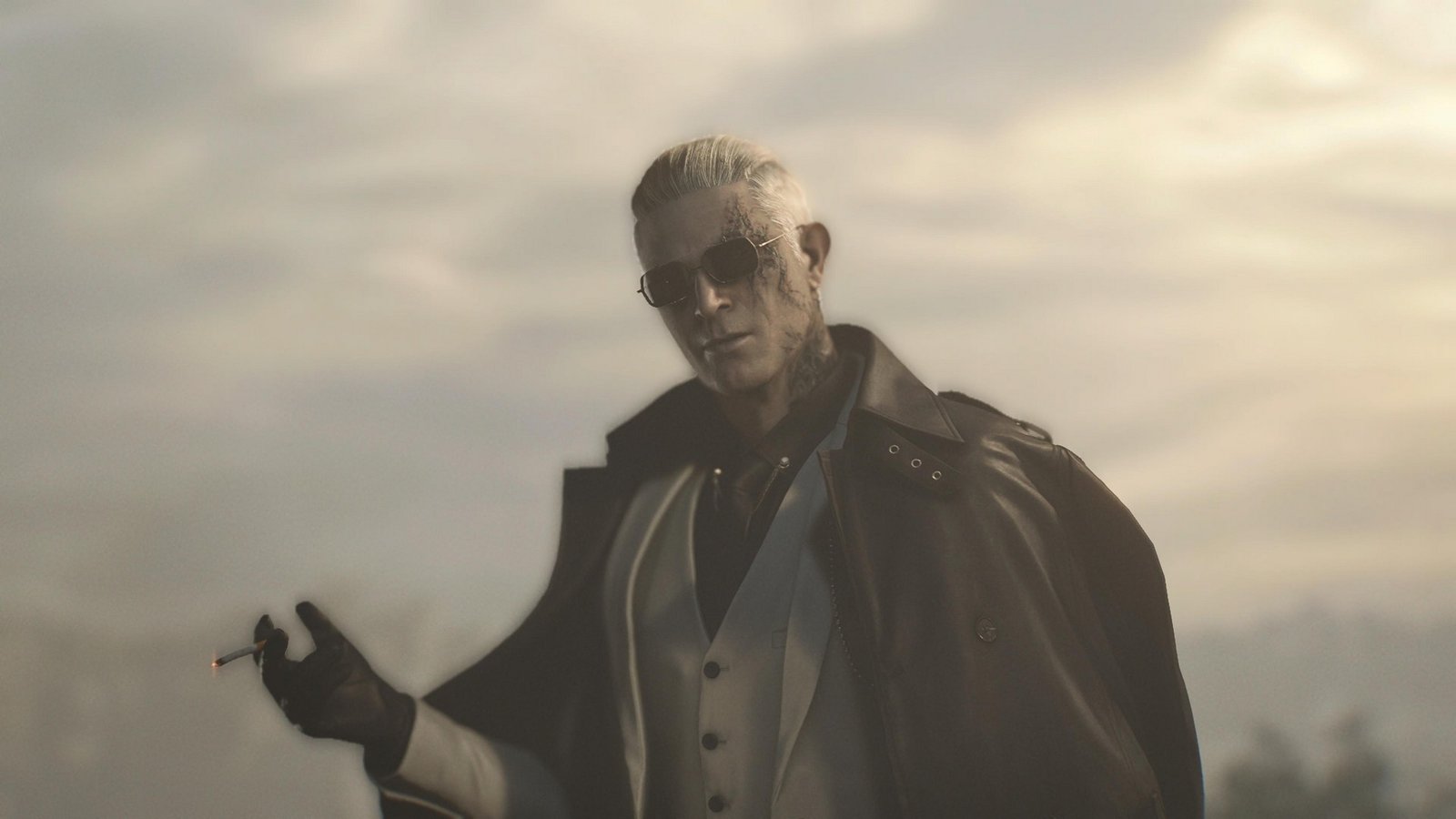 Zeno smokes while looking at the camera in Resident Evil Requiem
