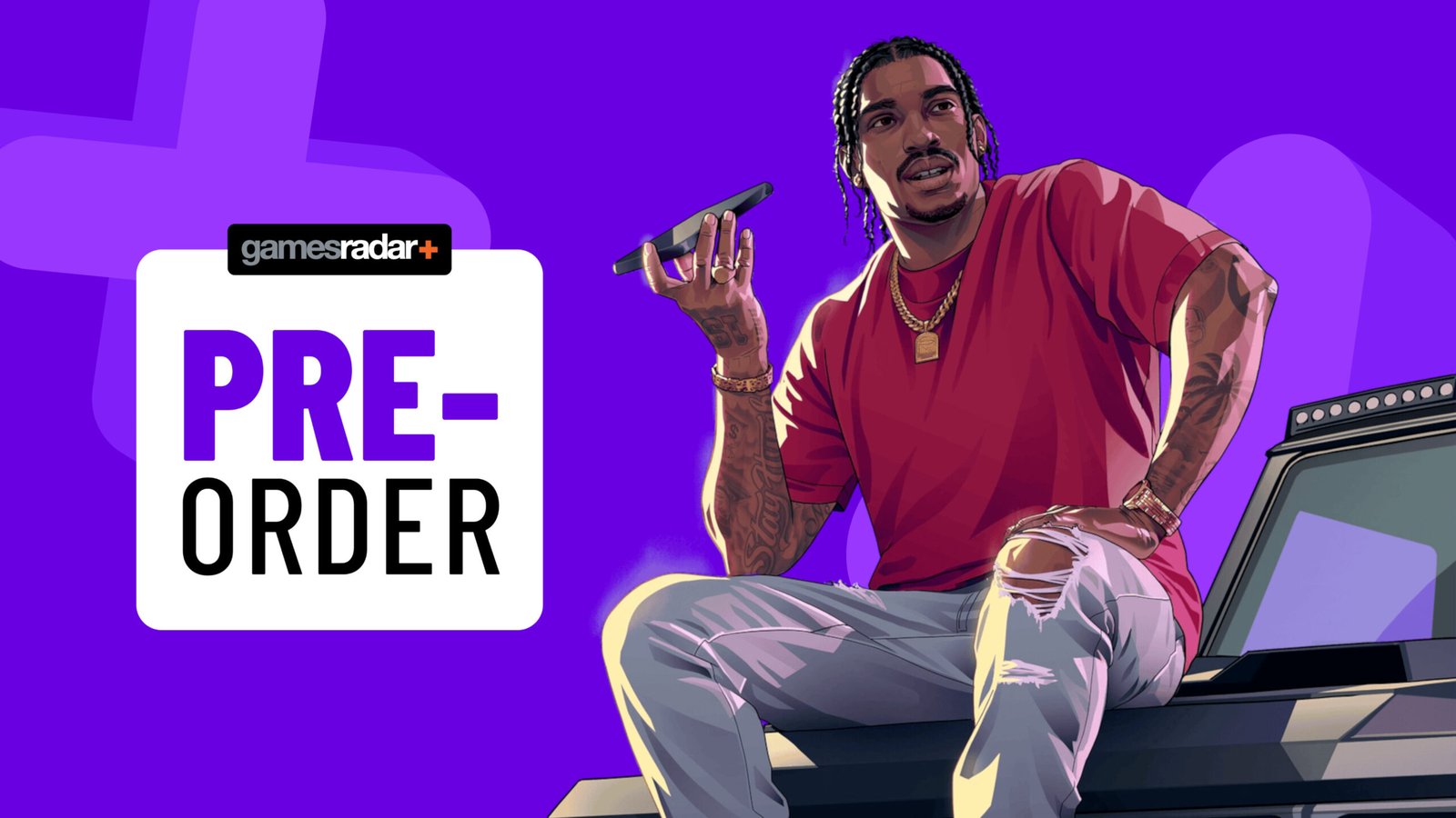 Image of some official GTA 6 artwork by Rockstar Games on a purple GamesRadar+ background.